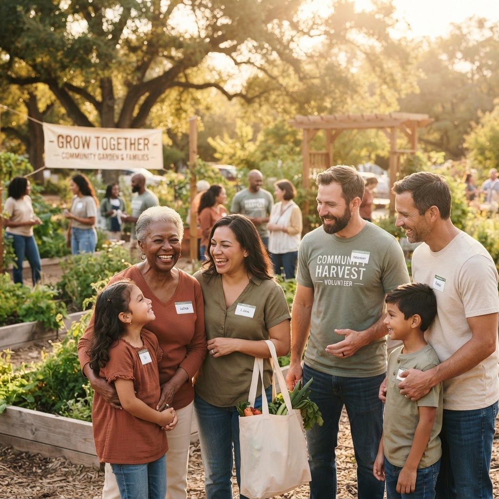 Community volunteers and families gathering together outdoors in warm afternoon light