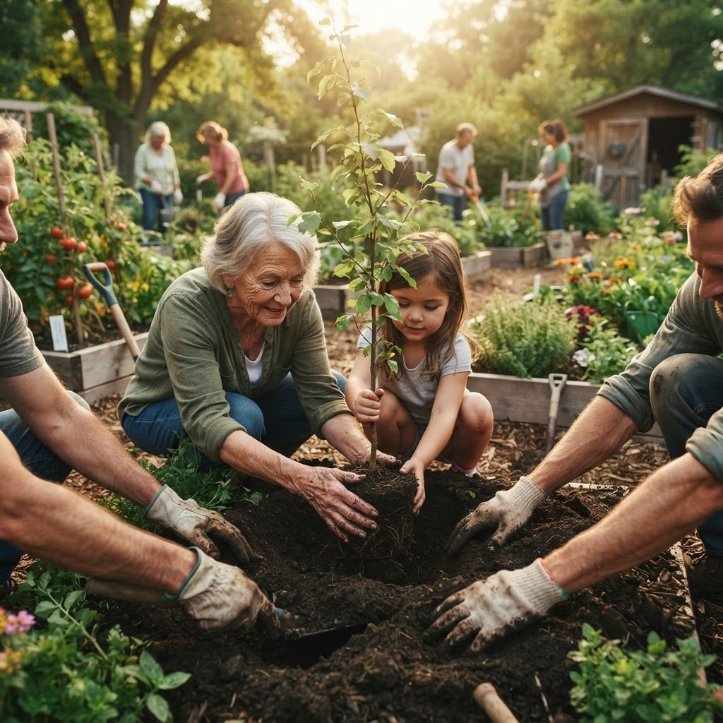 Hands planting a young tree together in a community garden