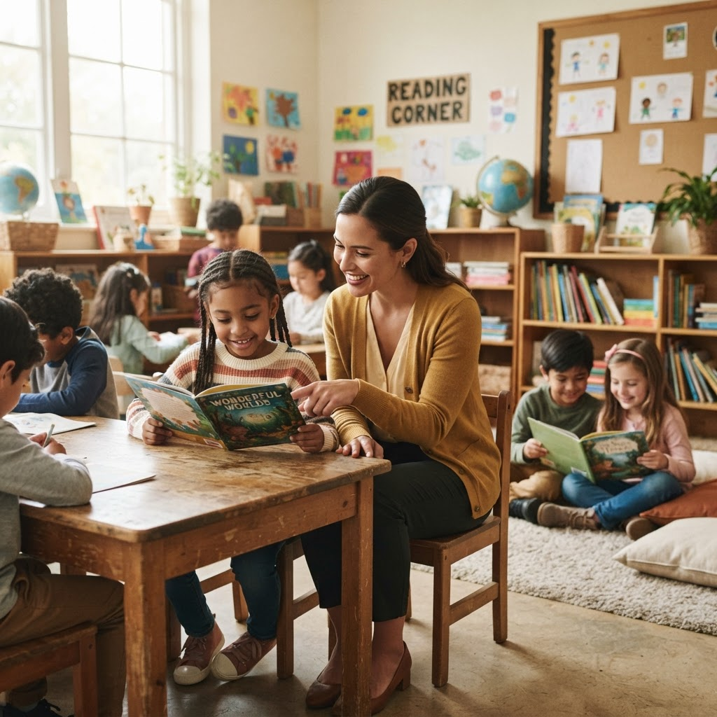 Students reading and learning together in a bright classroom with a mentor