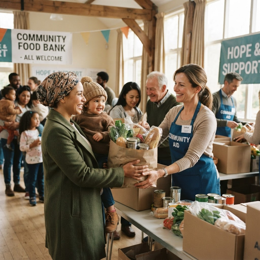 Volunteers handing food and supplies to families at a community center